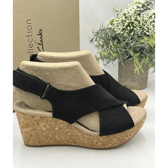 Clarks Women's Annadel Parker Black Suede Cork Wedge Platform Sandal Sz 7.5M New - Picture 4 of 16